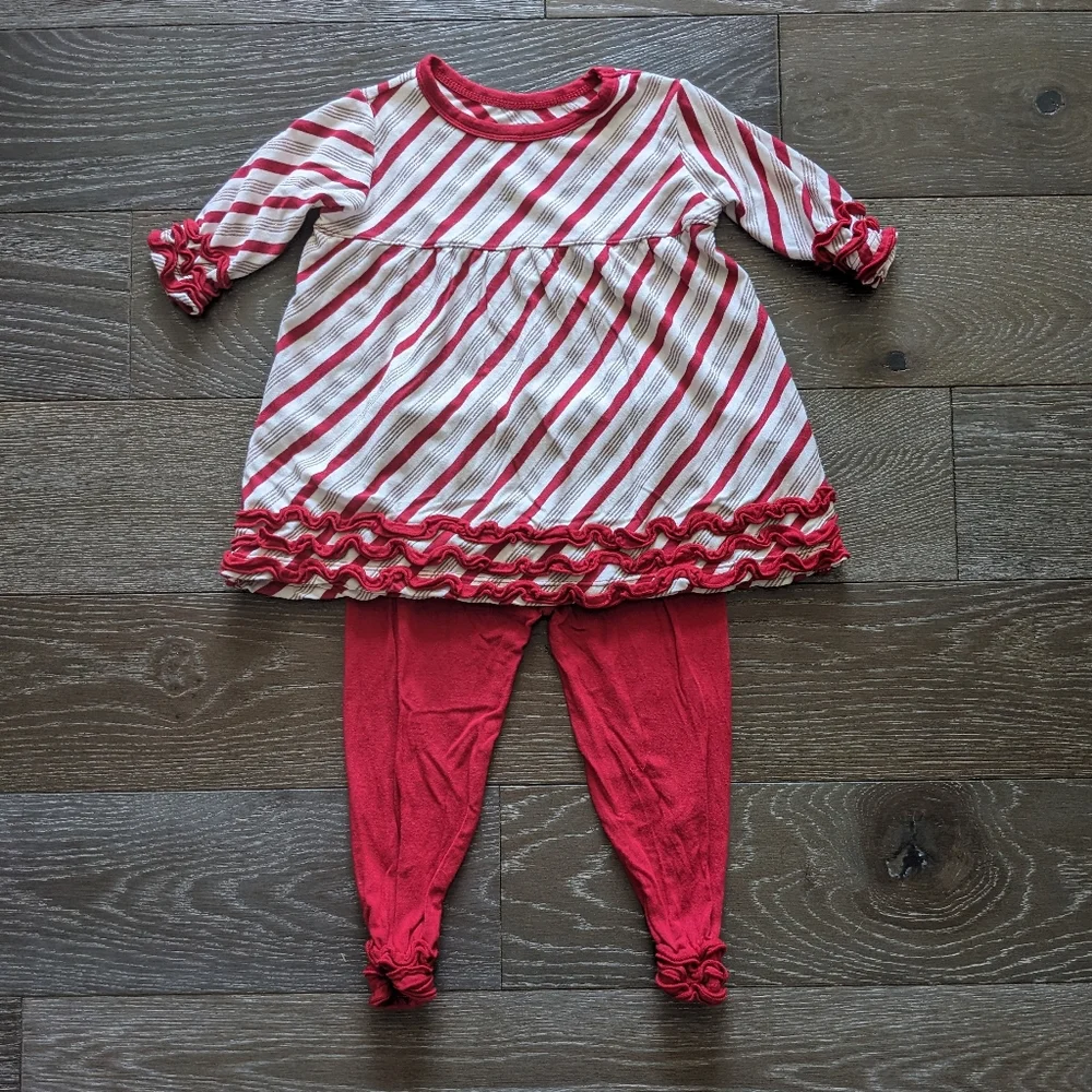 Kickee Pants Babydoll Outfit Set Rose Gold Candy Cane Stripe Size 18-24 Months